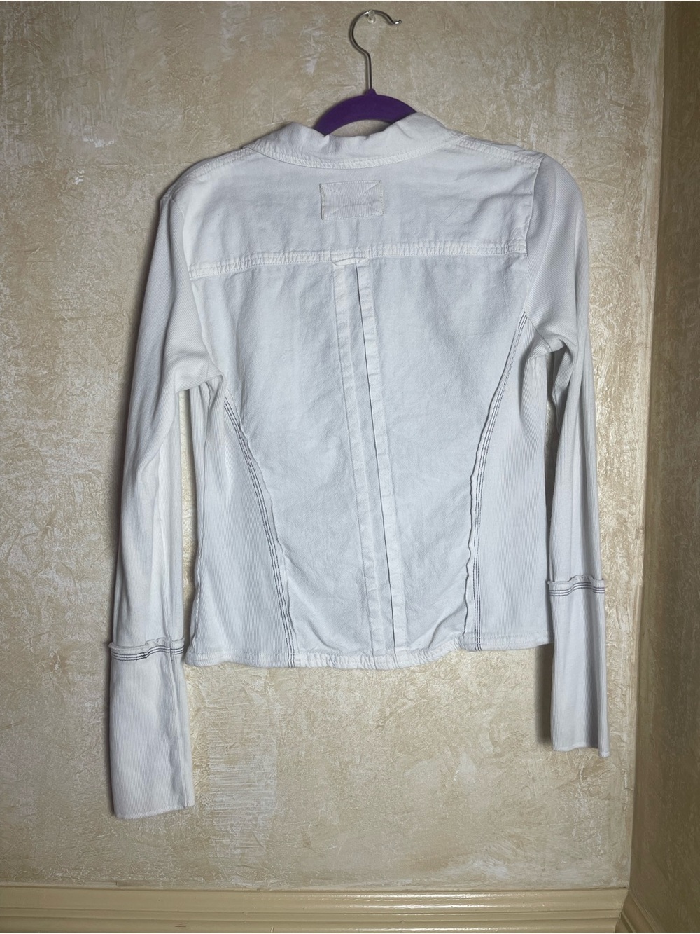 Free People We The Free Tiny Woven Top Cream Ribbed Contrast Stitch Shacket M - Picture 7 of 13